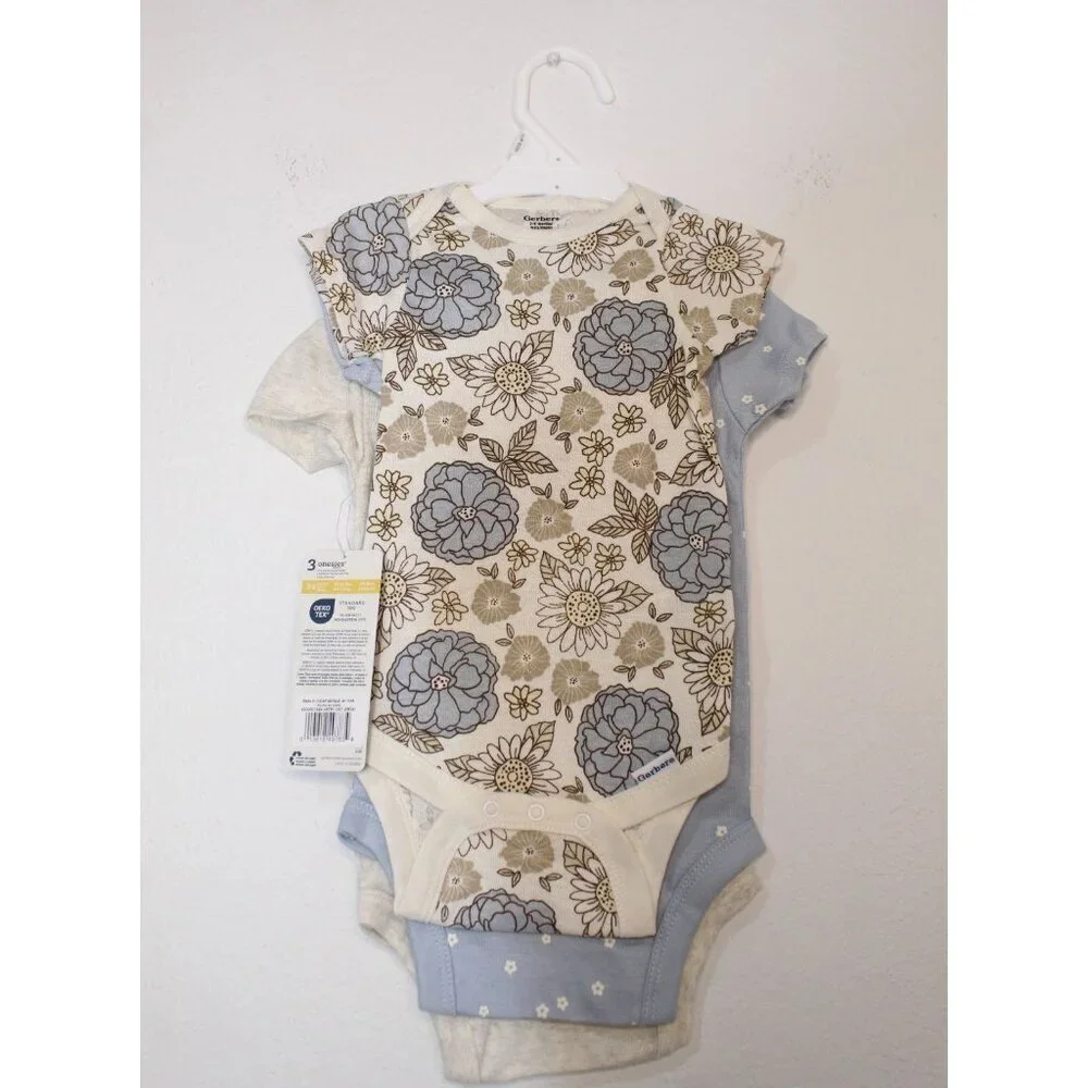 Gerber Onesies 3 Pack Girls 3-6 months Cream Brown Blue Buttons Short Sleeve NWT
